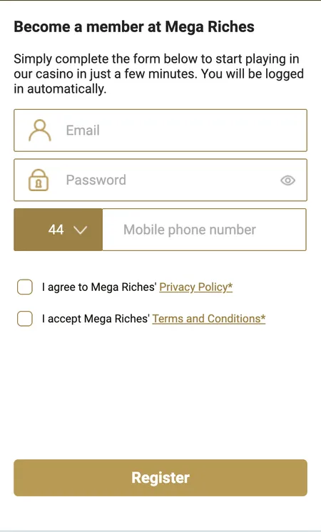 Mega Riches registration first step