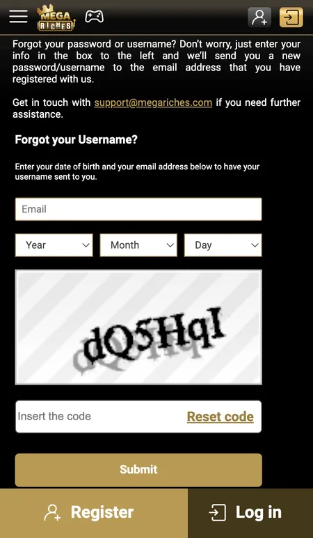 Mega Riches password reset screen